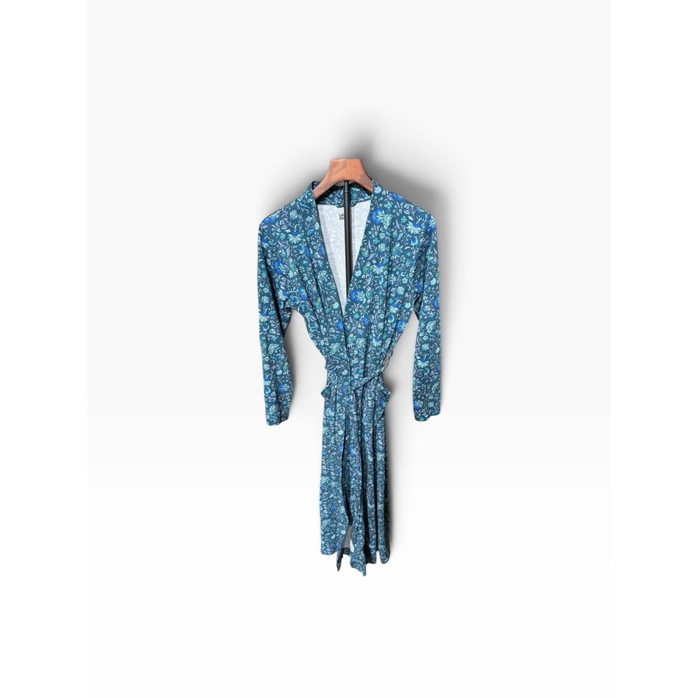 Lands' End Navy Floral Tie-Waist Maxi Robe with Rust Accents Small Classic